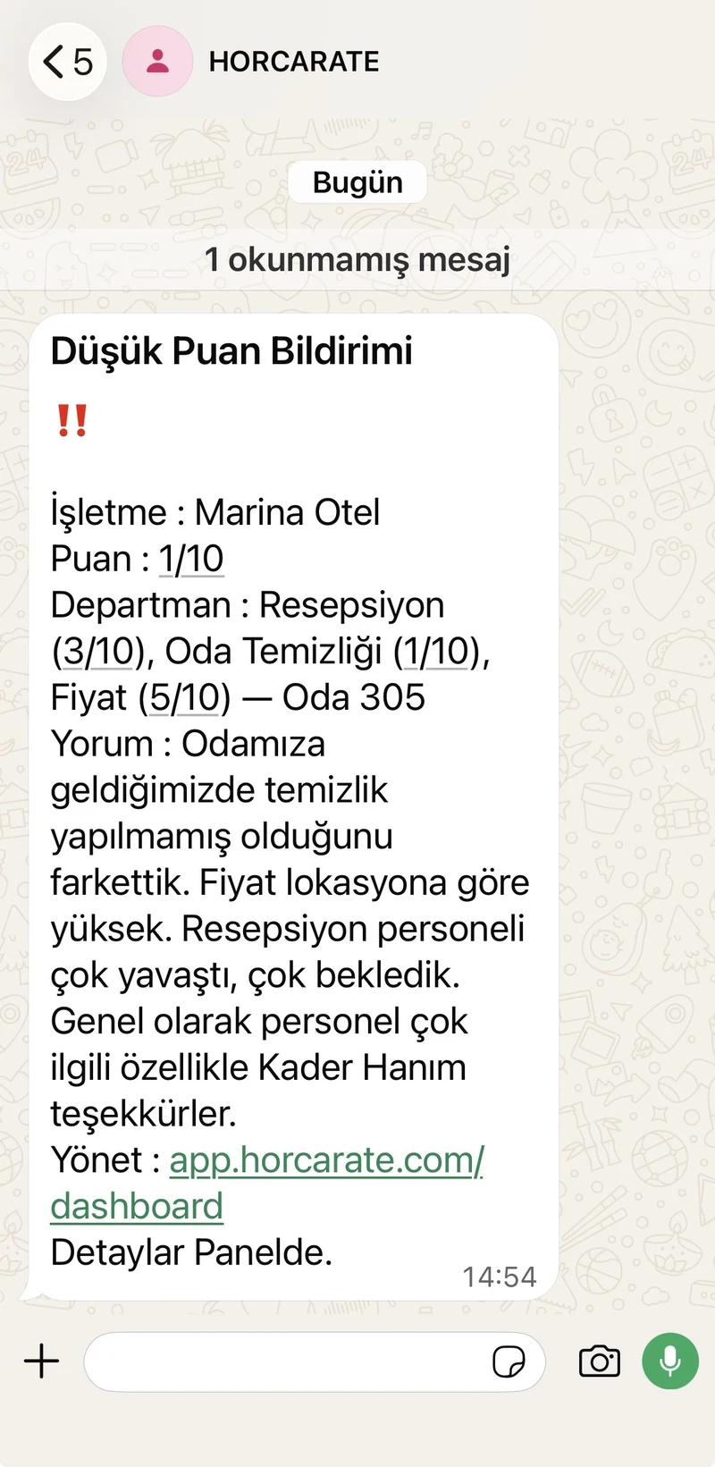 HORCARATE düşük puan uyarı WhatsApp bildirimi