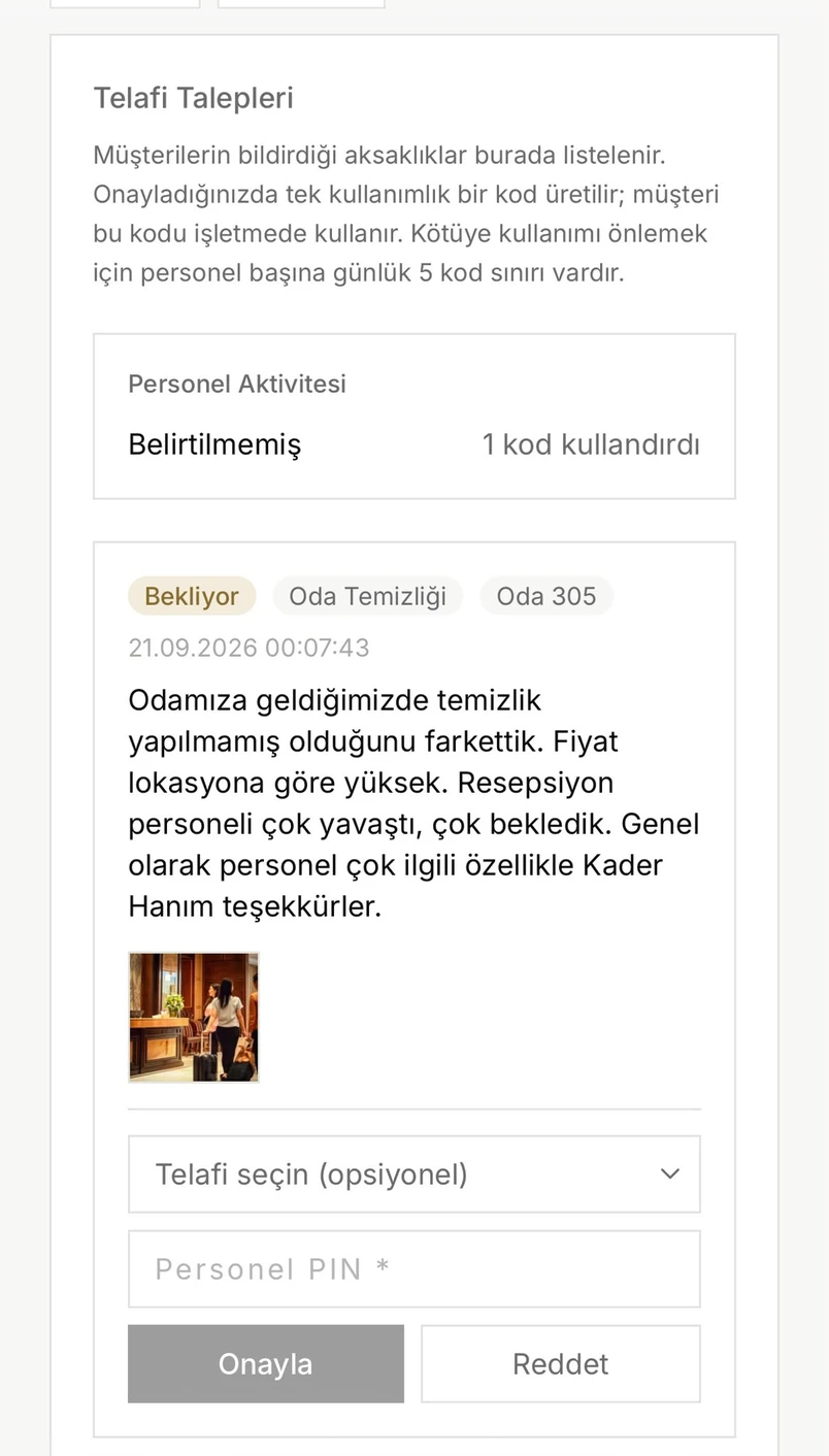 HORCARATE telafi onayı: yetkili telafi türünü seçer ve kendi PIN'iyle onaylar